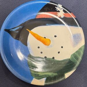Festive Snowman Ceramic Plate with Blue and Orange Accents